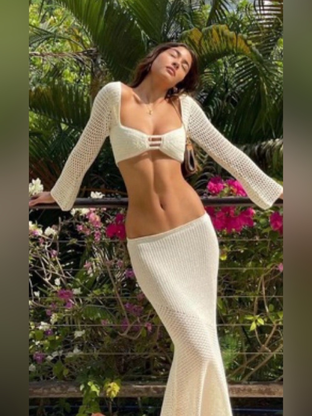 White Crochet Open Back Beach Cover-Up Set Size Large